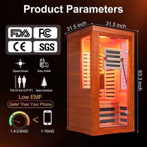 Infrared Sauna Built to Support Recovery, 660nm Red Light Therapy, Canadian Hemlock, 7 Carbon Fiber Heaters