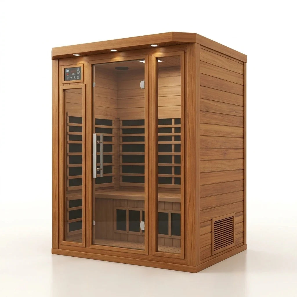 Indoor Infrared Sauna Built for 4 People, Canadian Cedar Construction, Bluetooth Compatible, Zero EMF Technology — Studio Shot